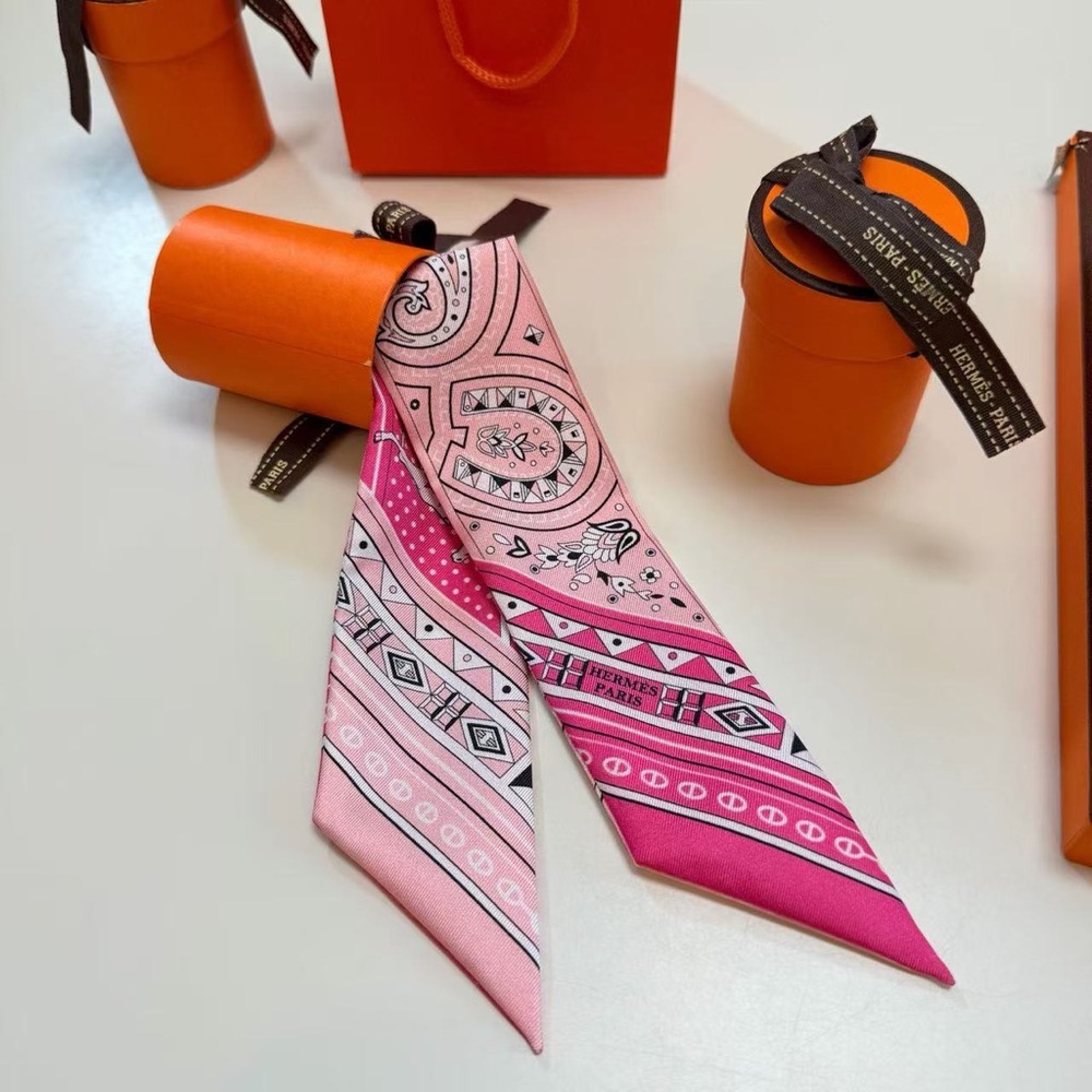 Halloween Gifts Hermès Pink Silk Twilly Scarf - Paisley & Geometric Print